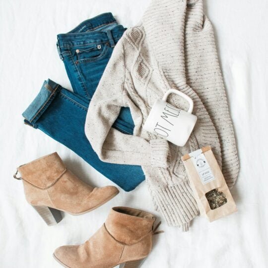 gray cardigan, blue jeans, and pair of brown chunky heeled shoes